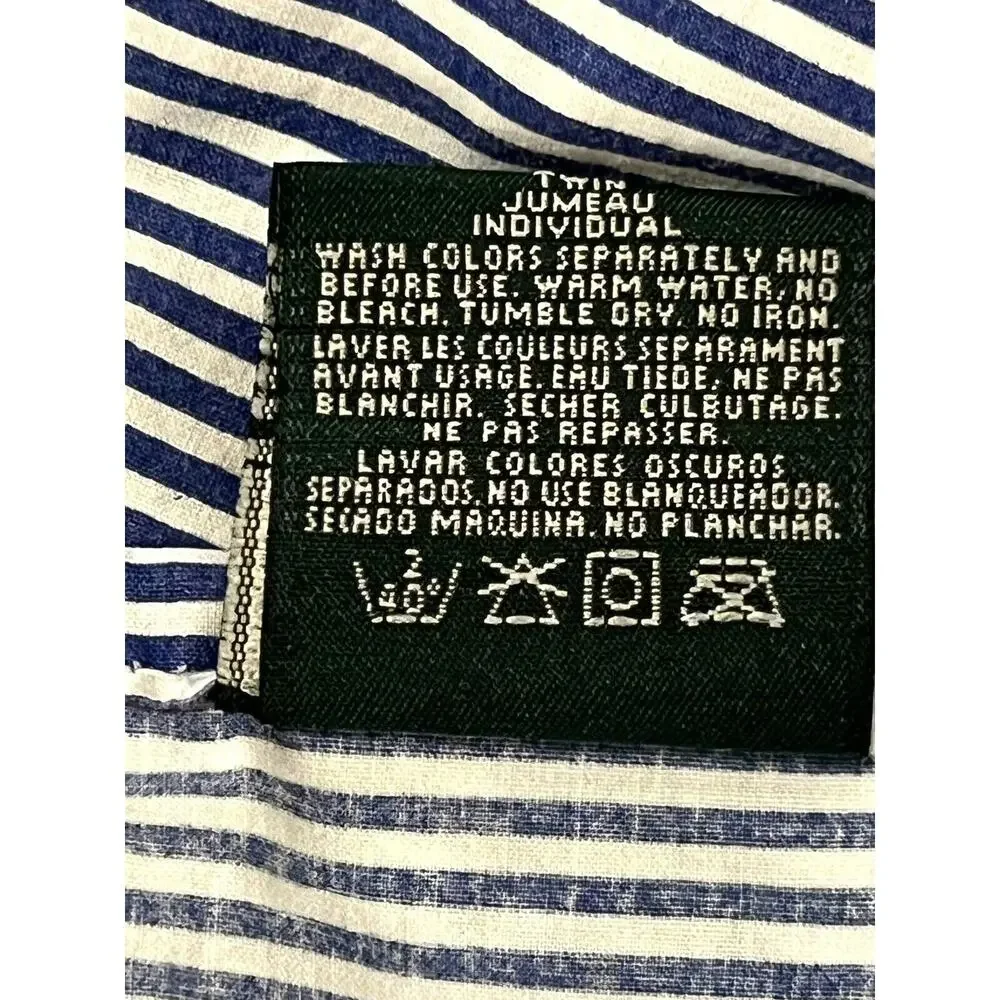 Vintage Ralph Lauren Blue White Stripe TWIN Sheet Set Flat Fitted 2 Shams *FLAW*